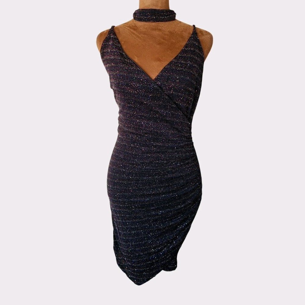 VTG Sabora Choker Dress Y2K 90's Bodycon Size M Black Multi Glitter Homecoming